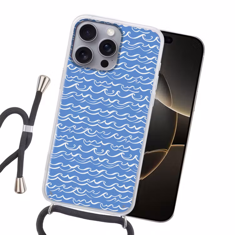 Blauw - Wit - Simpel - Getekend - Golven Hoesje iPhone 16 Pro Max met koord klein 804 -sfeer1
