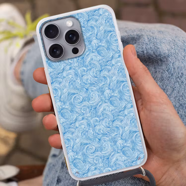 Blauw - Wit - Spiraal - Golven - Lijnen Hoesje iPhone 16 Pro Max met koord klein 804 -sfeer3