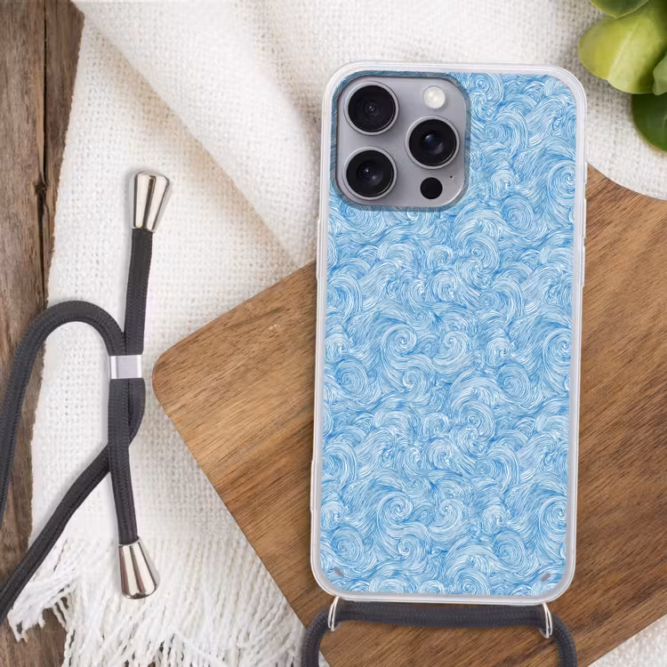 Blauw - Wit - Spiraal - Golven - Lijnen Hoesje iPhone 16 Pro Max met koord klein 804 -sfeer4