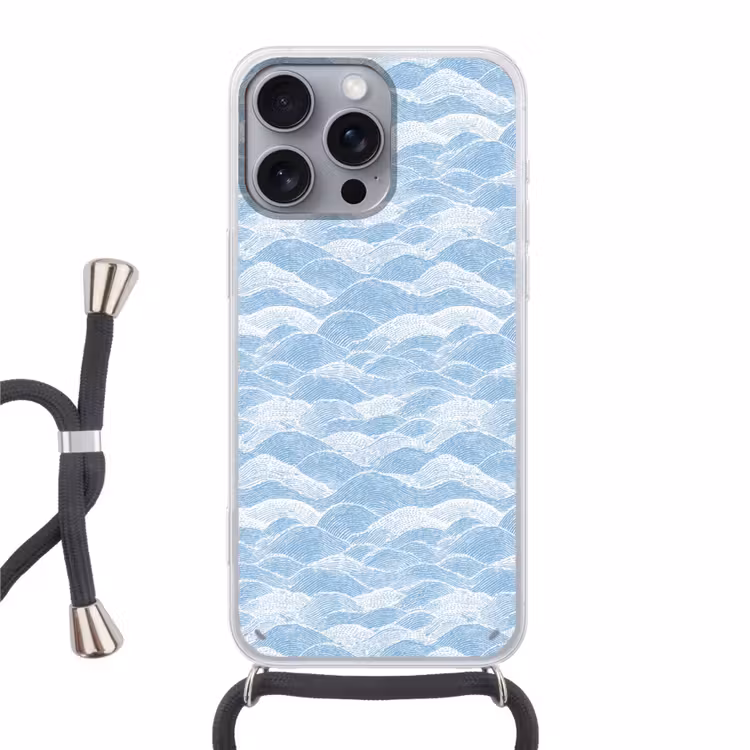 Blauw - Wit - Golven - Getekend Hoesje iPhone 16 Pro Max met koord klein 804 -3d