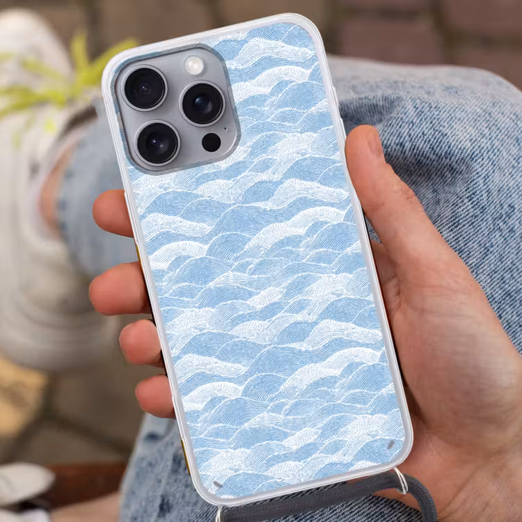 Blauw - Wit - Golven - Getekend Hoesje iPhone 16 Pro Max met koord klein 804 -sfeer3