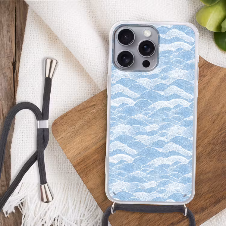 Blauw - Wit - Golven - Getekend Hoesje iPhone 16 Pro Max met koord klein 804 -sfeer4