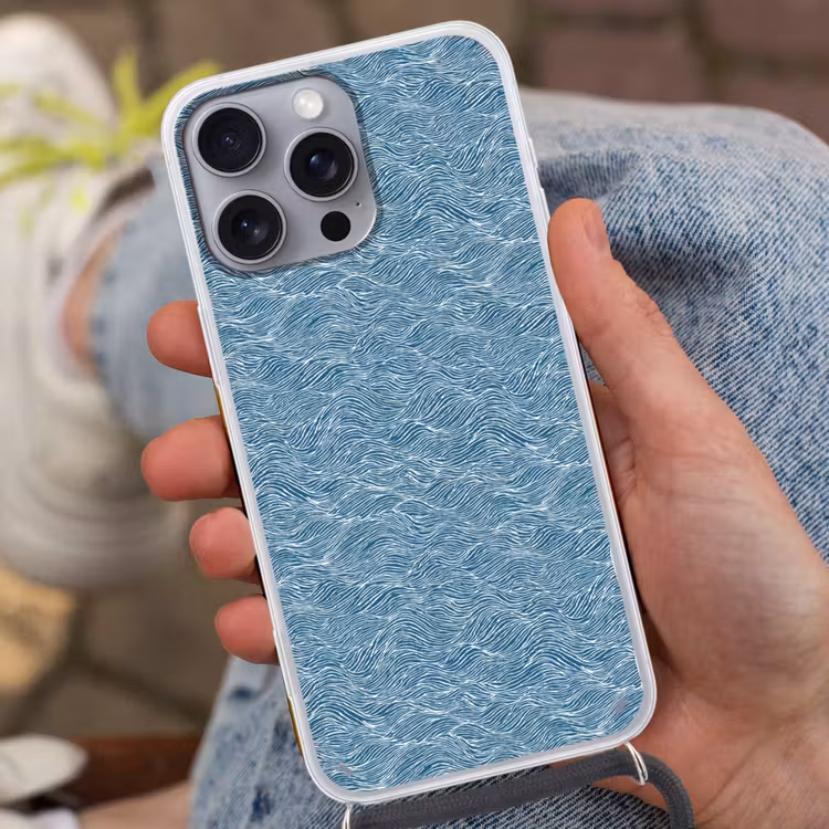 Blauw - Wit - Golven - Getekend - Textuur Hoesje iPhone 16 Pro Max met koord klein 804 -sfeer3