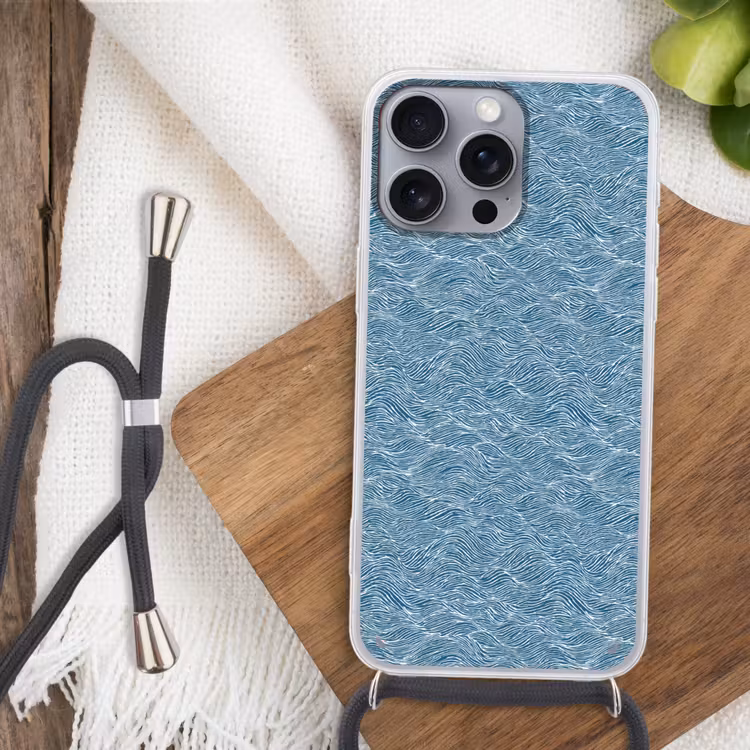 Blauw - Wit - Golven - Getekend - Textuur Hoesje iPhone 16 Pro Max met koord klein 804 -sfeer4