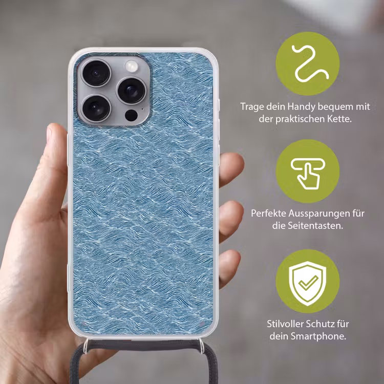 Blauw - Wit - Golven - Getekend - Textuur Hoesje iPhone 16 Pro Max met koord klein 804 -sfeer2_DE