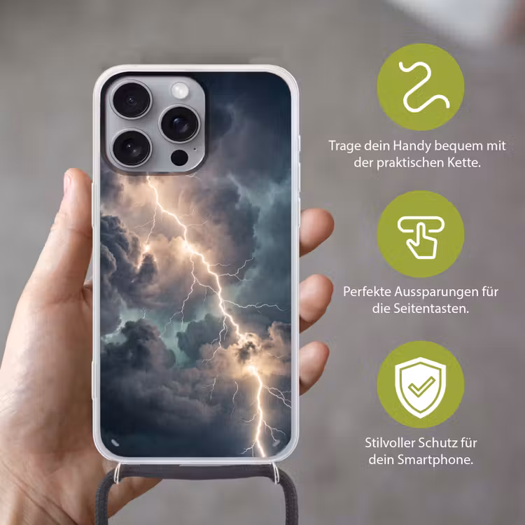 Bliksem - Storm - Natuur - Donker Hoesje iPhone 16 Pro Max met koord klein -sfeer2_DE