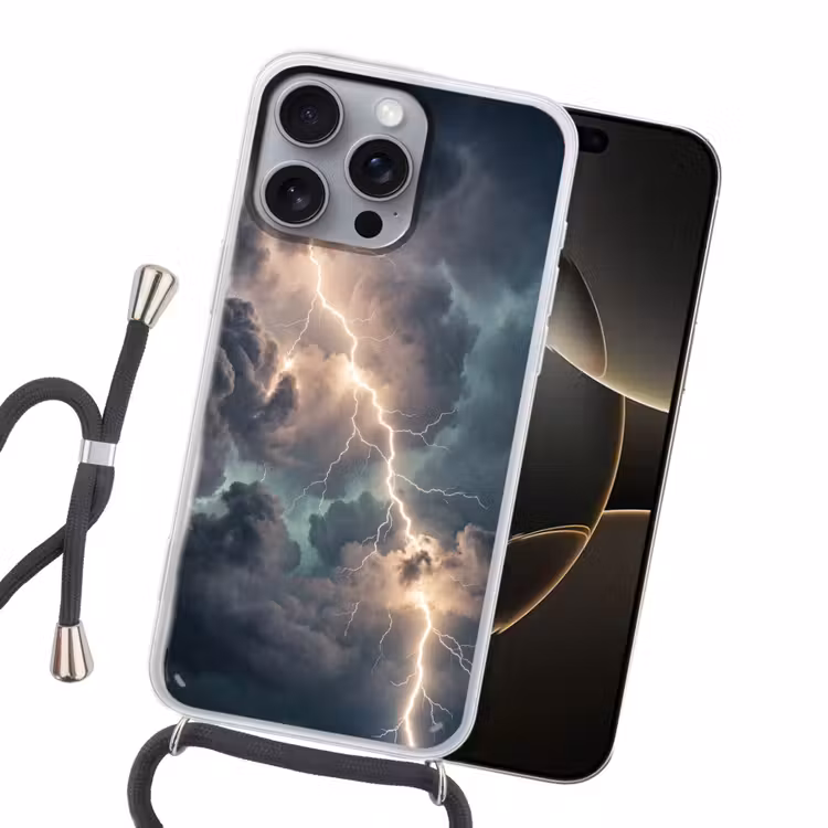 Bliksem - Storm - Natuur - Donker Hoesje iPhone 16 Pro Max met koord klein -sfeer1
