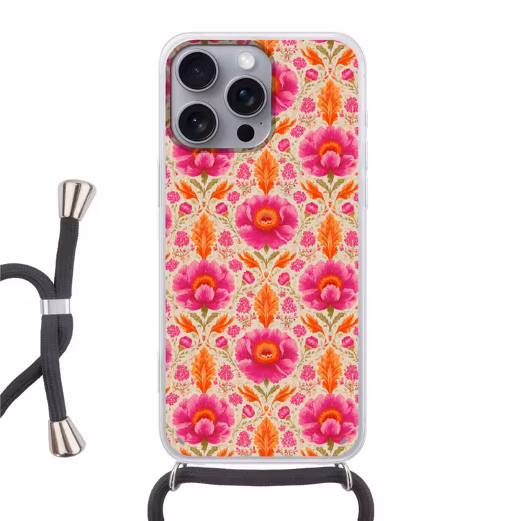 Bloemen - Barok - Roze - Oranje Hoesje iPhone 16 Pro Max met koord klein 804 -3d