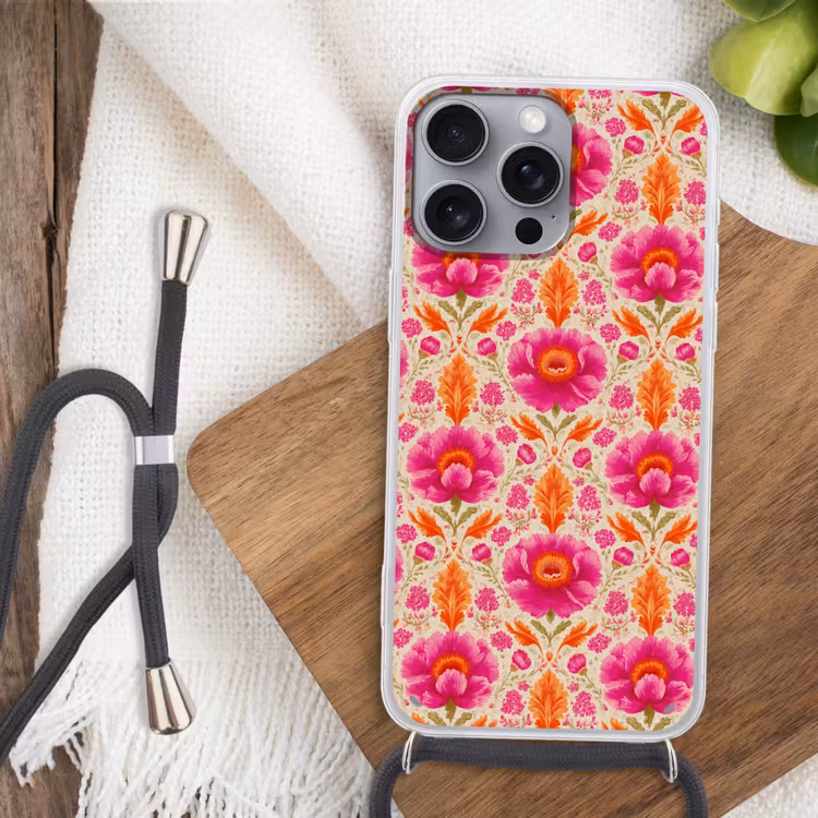 Bloemen - Barok - Roze - Oranje Hoesje iPhone 16 Pro Max met koord klein 804 -sfeer4