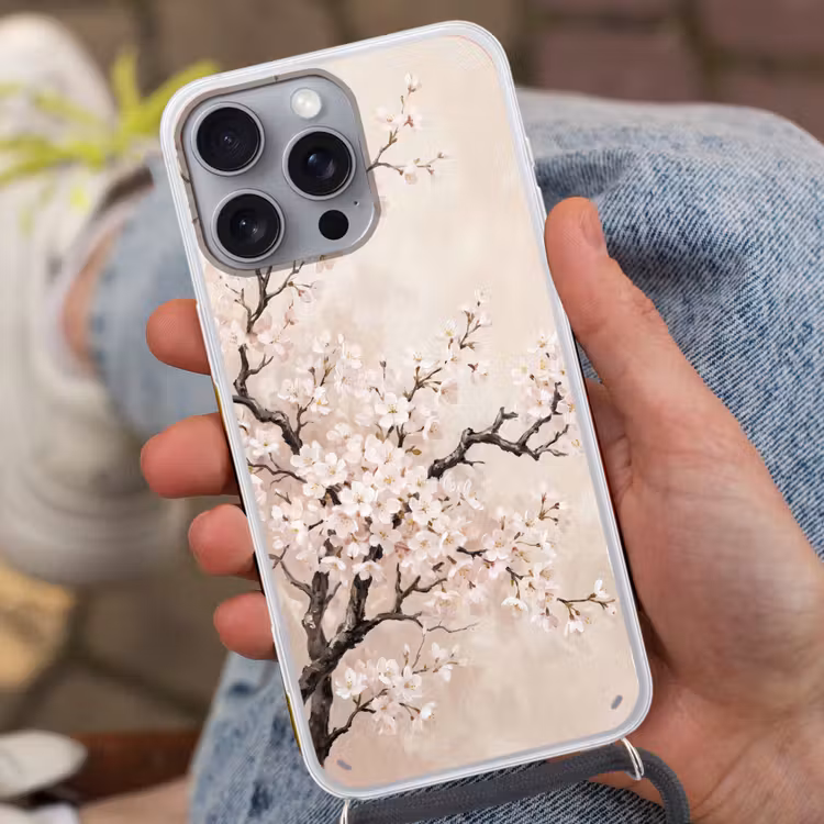 Bloesem - Illustratie - Taupe Hoesje iPhone 16 Pro Max met koord klein -sfeer3