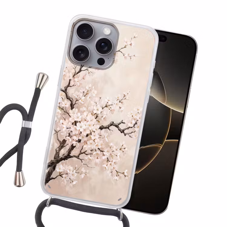 Bloesem - Illustratie - Taupe Hoesje iPhone 16 Pro Max met koord klein -sfeer1