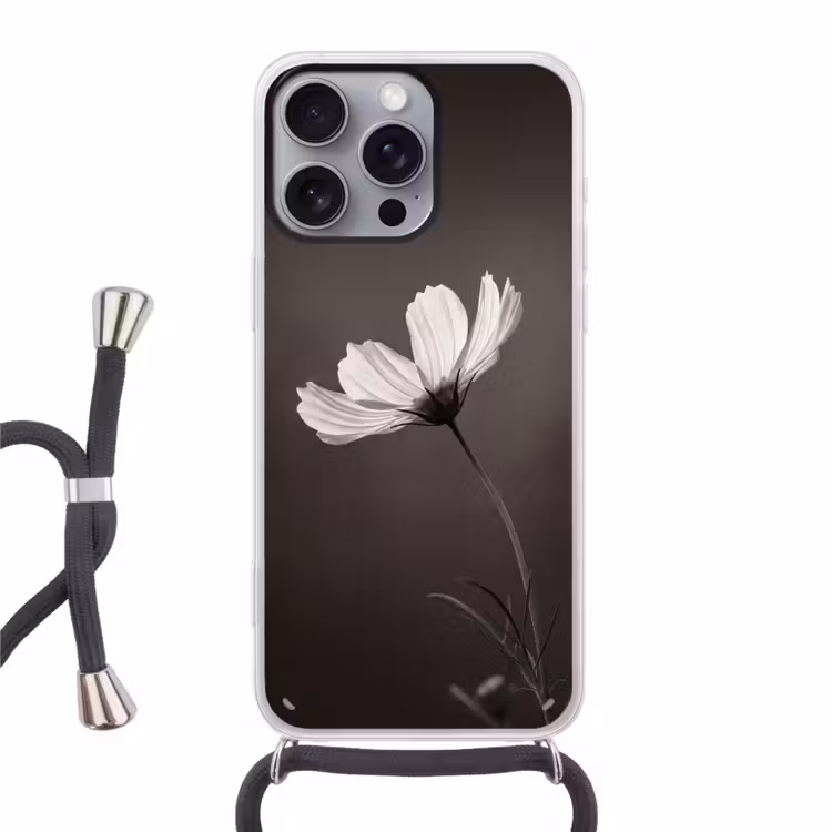 Bloem - Minimalistisch - Zwart - Wit Hoesje iPhone 16 Pro Max met koord klein -3d