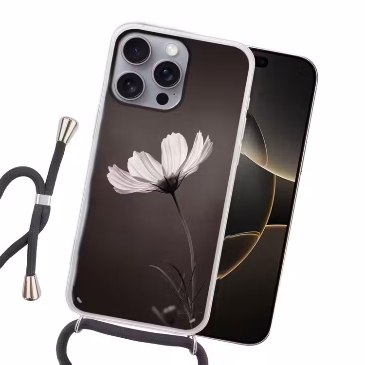Bloem - Minimalistisch - Zwart - Wit Hoesje iPhone 16 Pro Max met koord klein -sfeer1