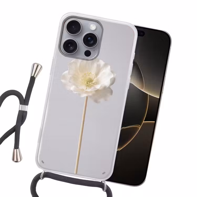 Bloem - Minimalistisch -Wit Hoesje iPhone 16 Pro Max met koord klein -sfeer1