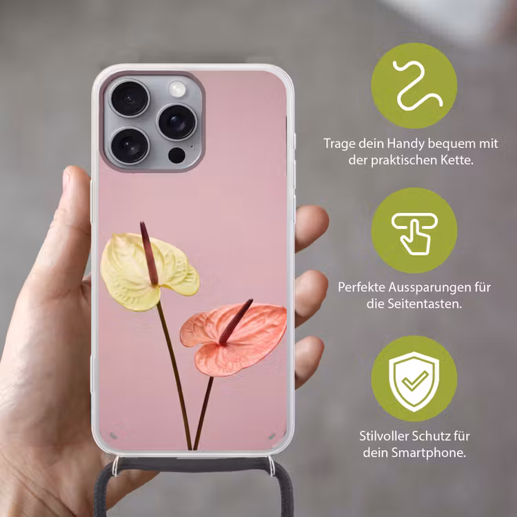 Bloemen - Anthuriums - Geel - Roze Hoesje iPhone 16 Pro Max met koord klein -sfeer2_DE