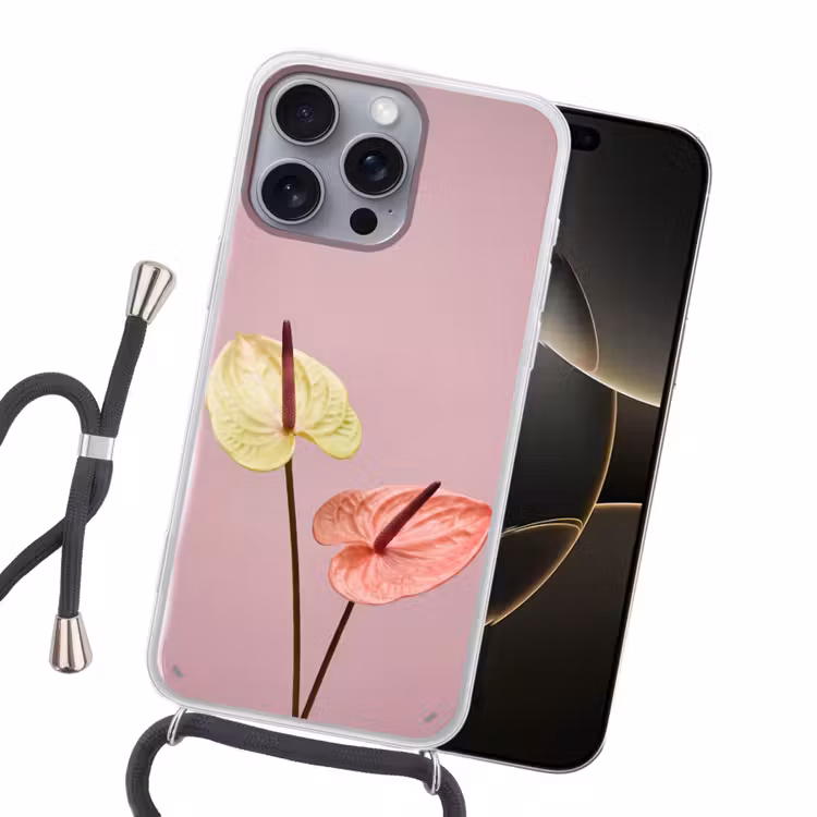 Bloemen - Anthuriums - Geel - Roze Hoesje iPhone 16 Pro Max met koord klein -sfeer1