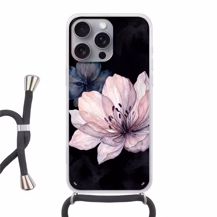 Bloemen - Aquarel - Modern - Roze - Donker Hoesje iPhone 16 Pro Max met koord klein -3d