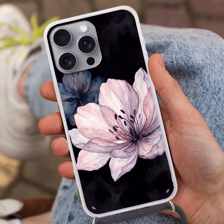 Bloemen - Aquarel - Modern - Roze - Donker Hoesje iPhone 16 Pro Max met koord klein -sfeer3