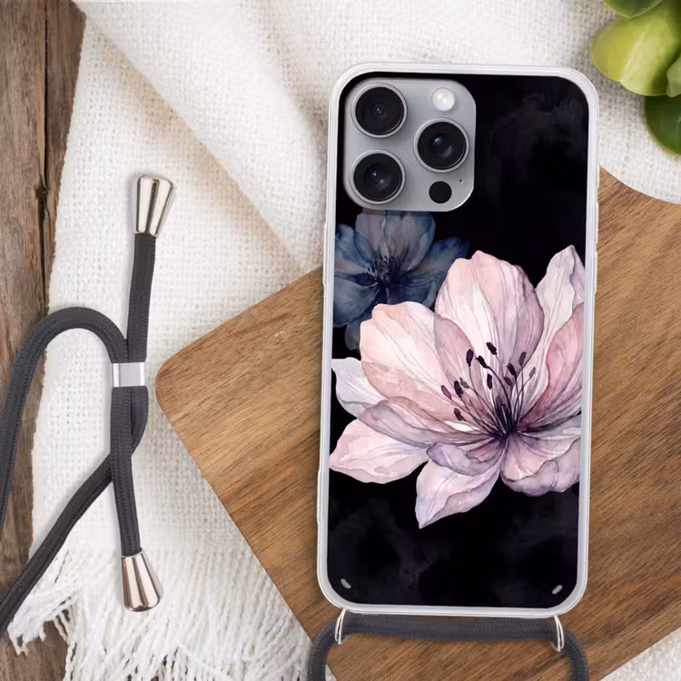 Bloemen - Aquarel - Modern - Roze - Donker Hoesje iPhone 16 Pro Max met koord klein -sfeer4