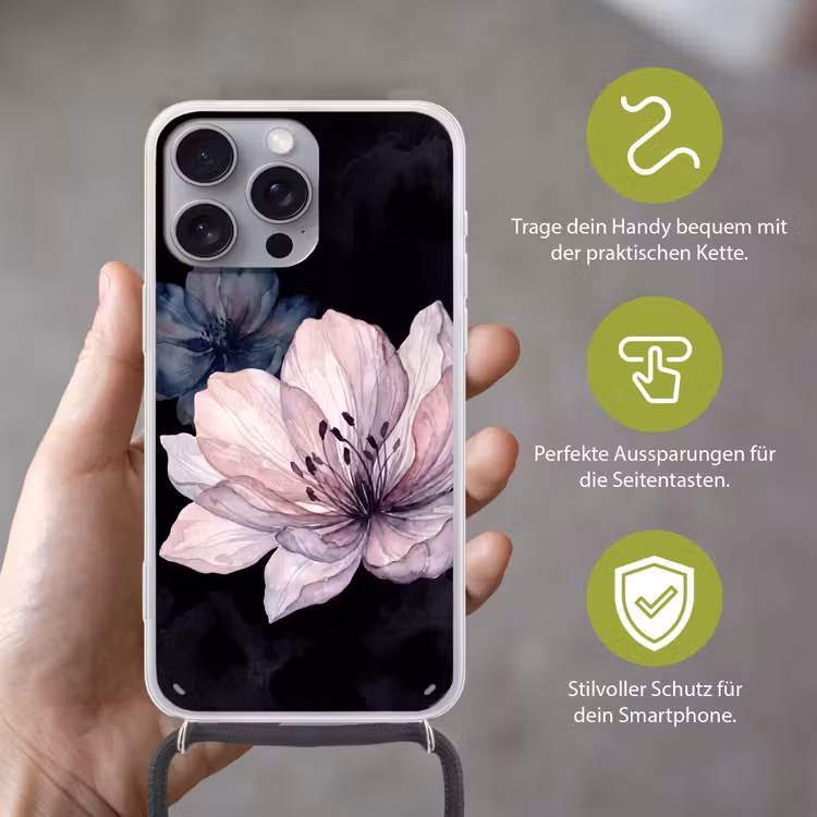 Bloemen - Aquarel - Modern - Roze - Donker Hoesje iPhone 16 Pro Max met koord klein -sfeer2_DE