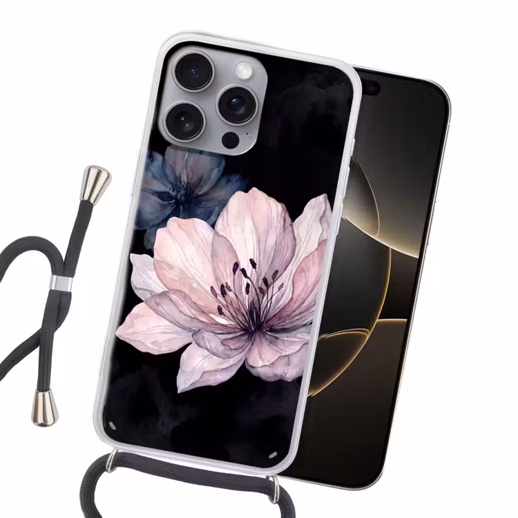 Bloemen - Aquarel - Modern - Roze - Donker Hoesje iPhone 16 Pro Max met koord klein -sfeer1