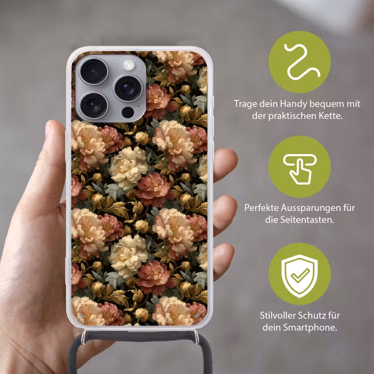 Bloemen - Barok - Patroon - Roze - Crème Hoesje iPhone 16 Pro Max met koord klein 804 -sfeer2_DE