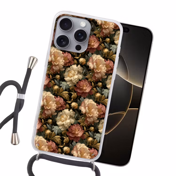 Bloemen - Barok - Patroon - Roze - Crème Hoesje iPhone 16 Pro Max met koord klein 804 -sfeer1