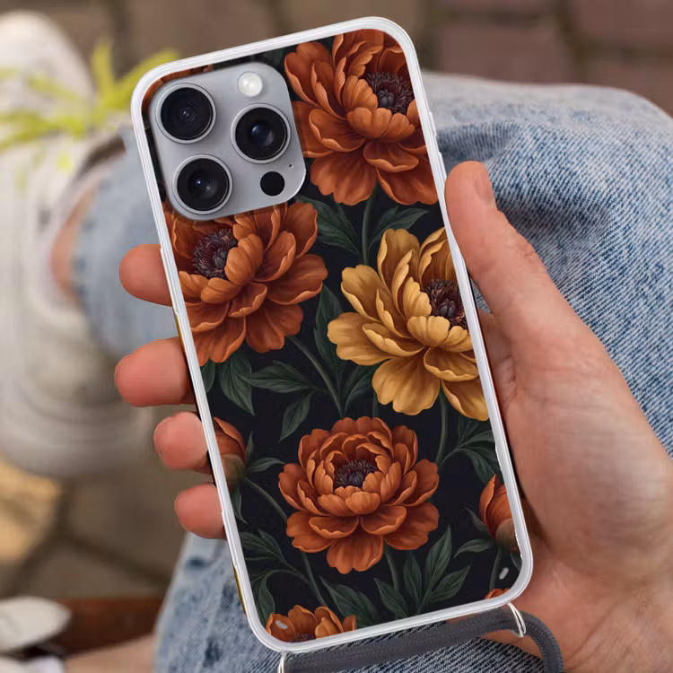 Bloemen - Bladeren - Natuur - Modern - Oranje Hoesje iPhone 16 Pro Max met koord klein -sfeer3