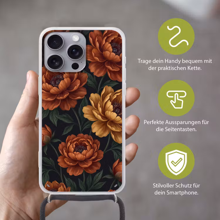 Bloemen - Bladeren - Natuur - Modern - Oranje Hoesje iPhone 16 Pro Max met koord klein -sfeer2_DE