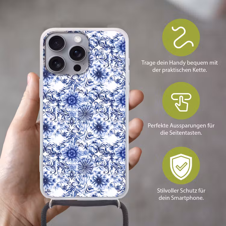 Bloemen - Blauw - Patroon - Wit Hoesje iPhone 16 Pro Max met koord klein 804 -sfeer2_DE