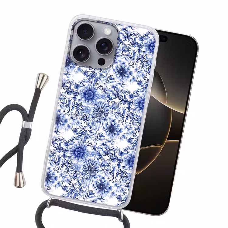 Bloemen - Blauw - Patroon - Wit Hoesje iPhone 16 Pro Max met koord klein 804 -sfeer1