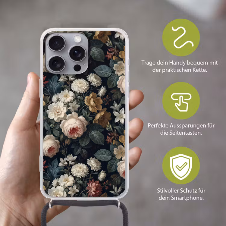 Bloemen - Boeket - Botanisch - Vintage - Donkere achtergrond Hoesje iPhone 16 Pro Max met koord klein -sfeer2_DE