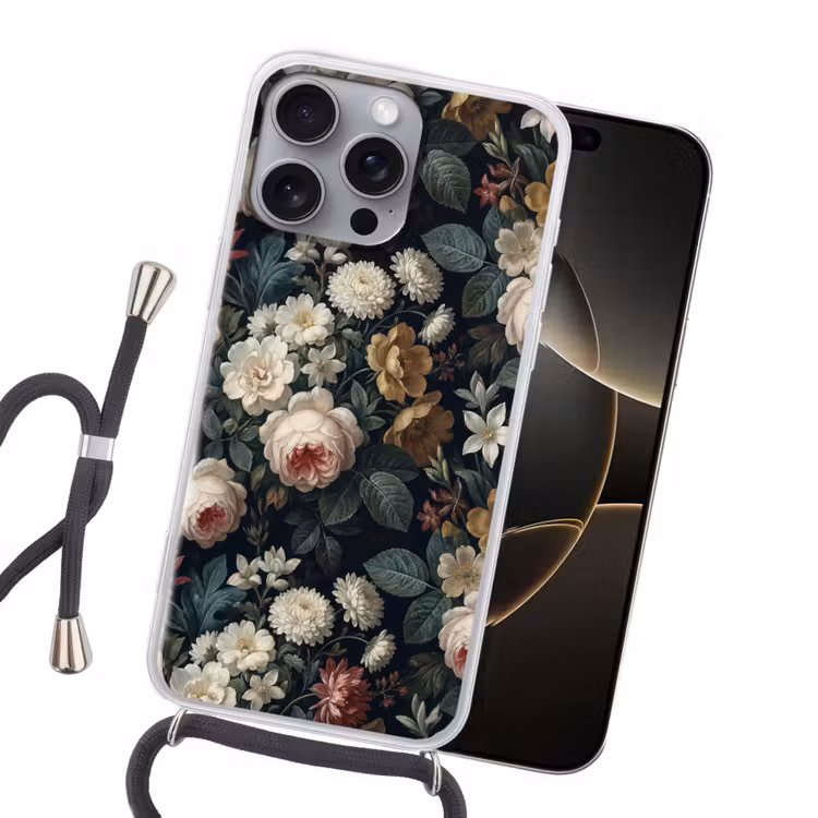 Bloemen - Boeket - Botanisch - Vintage - Donkere achtergrond Hoesje iPhone 16 Pro Max met koord klein -sfeer1
