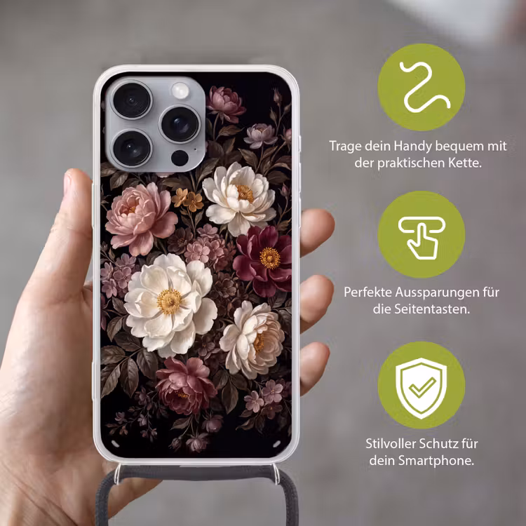 Bloemen - Boeket - Klassiek - Donker - Rood Hoesje iPhone 16 Pro Max met koord klein -sfeer2_DE