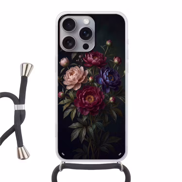 Bloemen - Boeket - Natuur - Modern - Donker Hoesje iPhone 16 Pro Max met koord klein -3d
