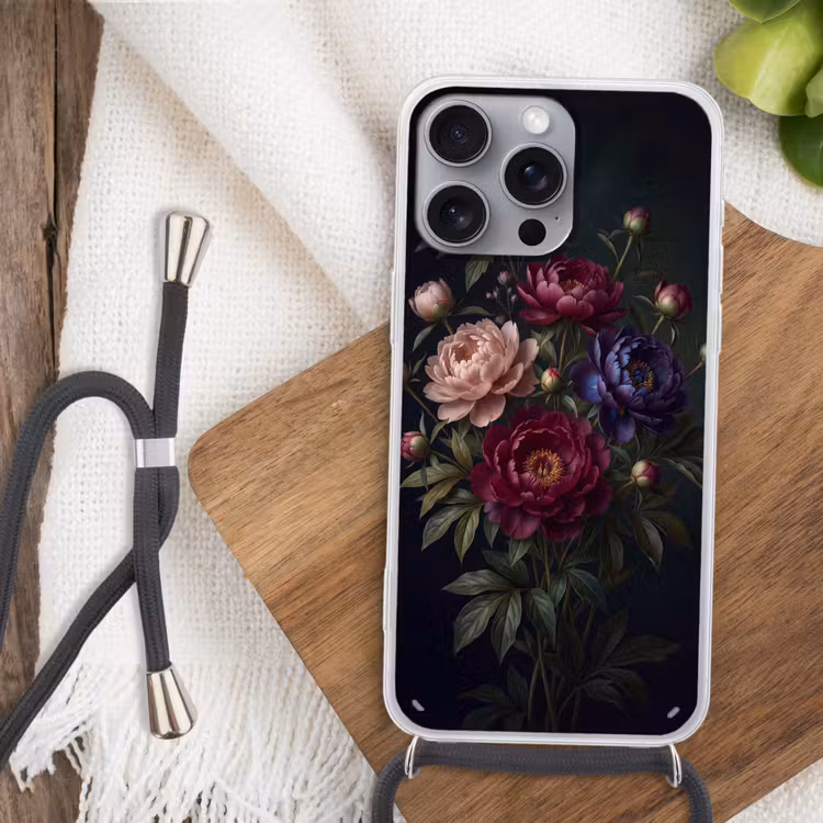 Bloemen - Boeket - Natuur - Modern - Donker Hoesje iPhone 16 Pro Max met koord klein -sfeer4
