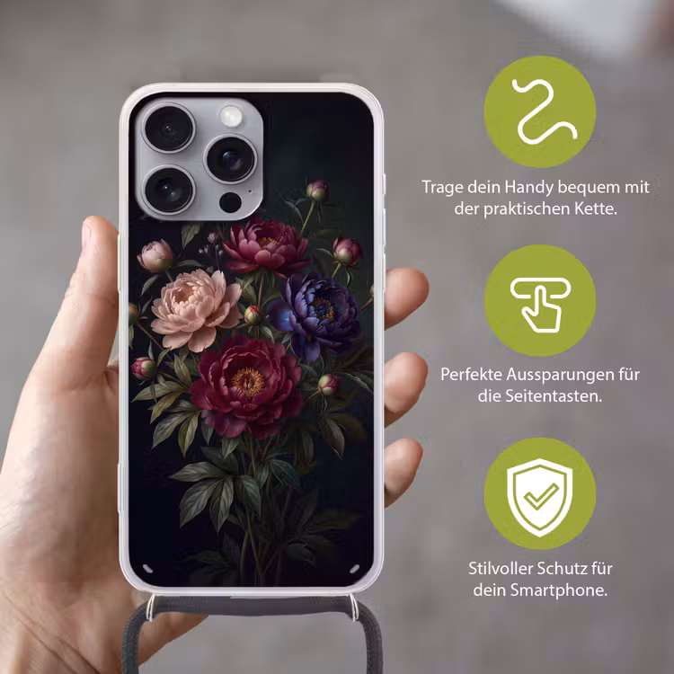 Bloemen - Boeket - Natuur - Modern - Donker Hoesje iPhone 16 Pro Max met koord klein -sfeer2_DE
