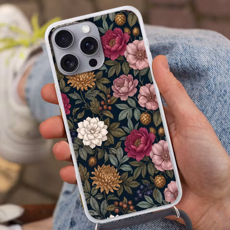 Bloemen - Botanisch - Illustratie - Donker - Vintage Hoesje iPhone 16 Pro Max met koord klein -sfeer3