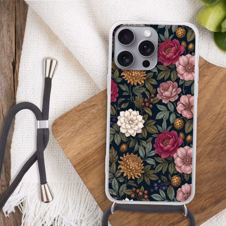Bloemen - Botanisch - Illustratie - Donker - Vintage Hoesje iPhone 16 Pro Max met koord klein -sfeer4