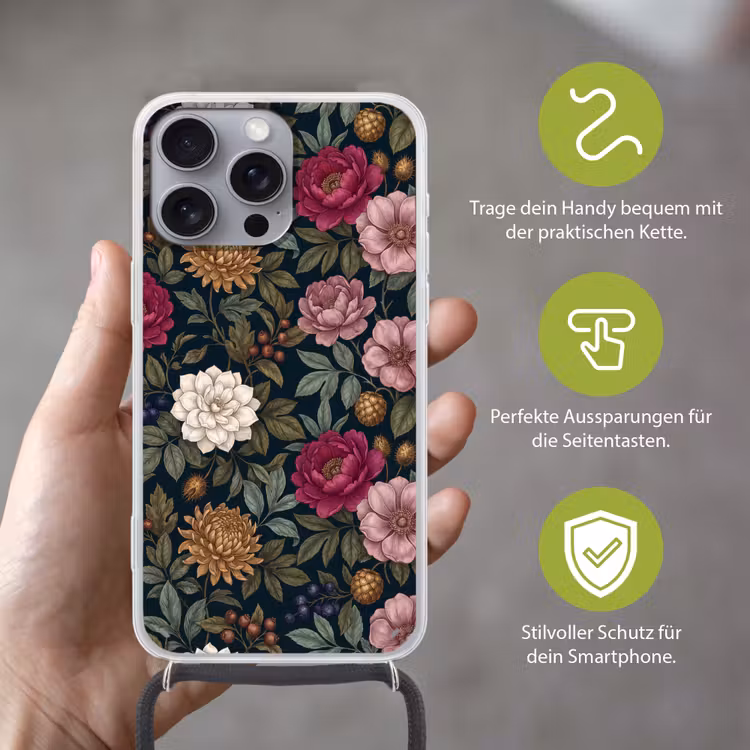 Bloemen - Botanisch - Illustratie - Donker - Vintage Hoesje iPhone 16 Pro Max met koord klein -sfeer2_DE