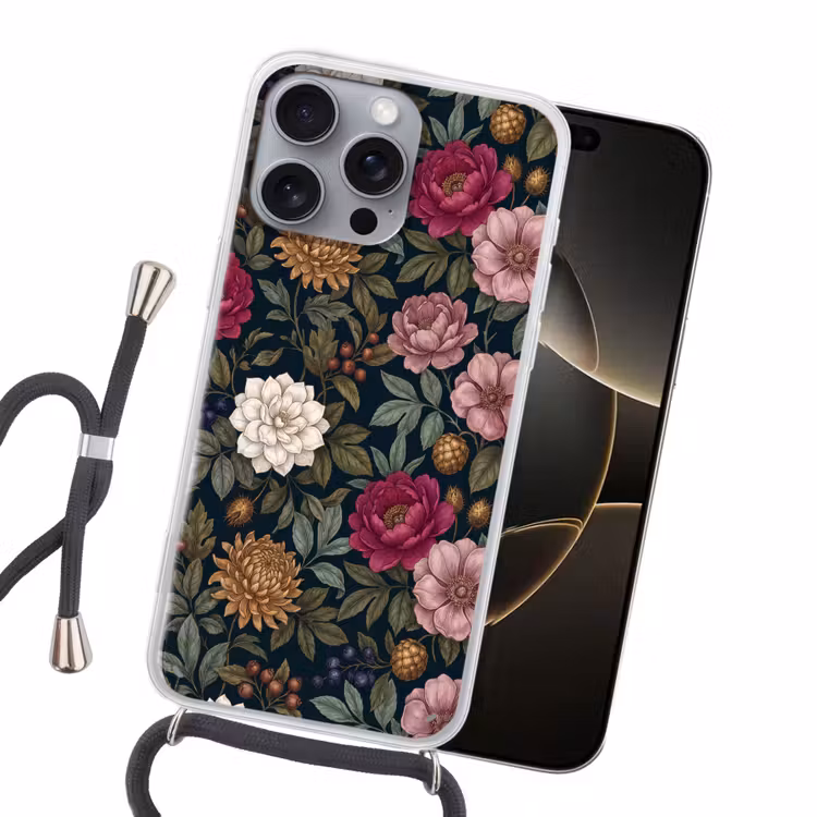 Bloemen - Botanisch - Illustratie - Donker - Vintage Hoesje iPhone 16 Pro Max met koord klein -sfeer1