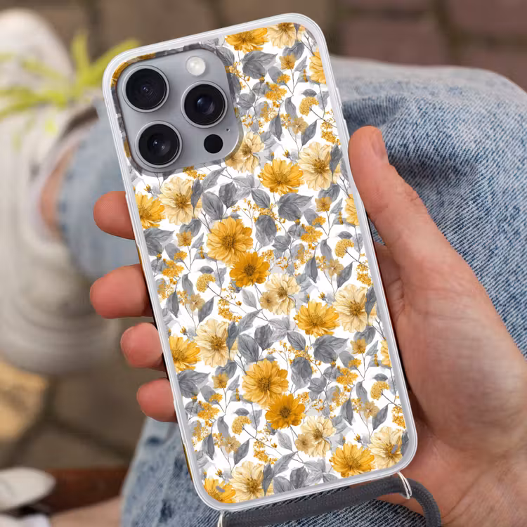 Bloemen - Botanisch - Elegant - Okergeel - Grijs Hoesje iPhone 16 Pro Max met koord klein 804 -sfeer3