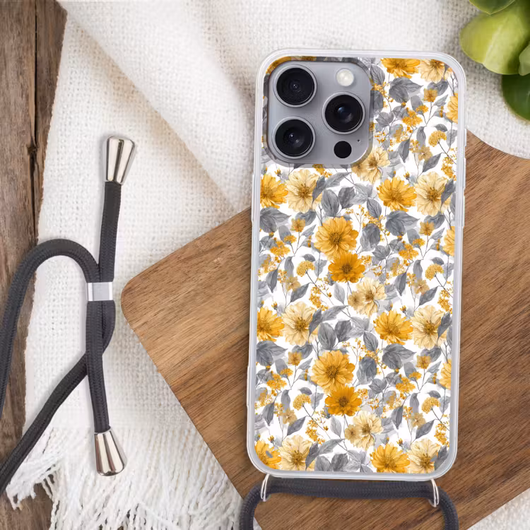 Bloemen - Botanisch - Elegant - Okergeel - Grijs Hoesje iPhone 16 Pro Max met koord klein 804 -sfeer4