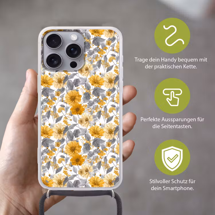 Bloemen - Botanisch - Elegant - Okergeel - Grijs Hoesje iPhone 16 Pro Max met koord klein 804 -sfeer2_DE