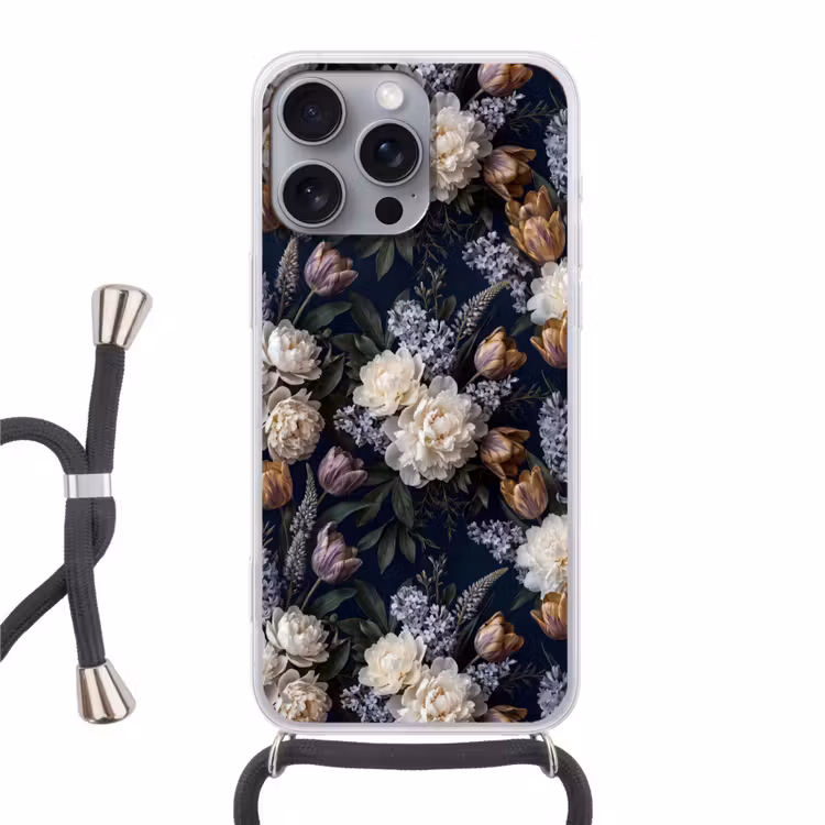 Bloemen - Donker - Elegant - Natuur - Wit Hoesje iPhone 16 Pro Max met koord klein -3d