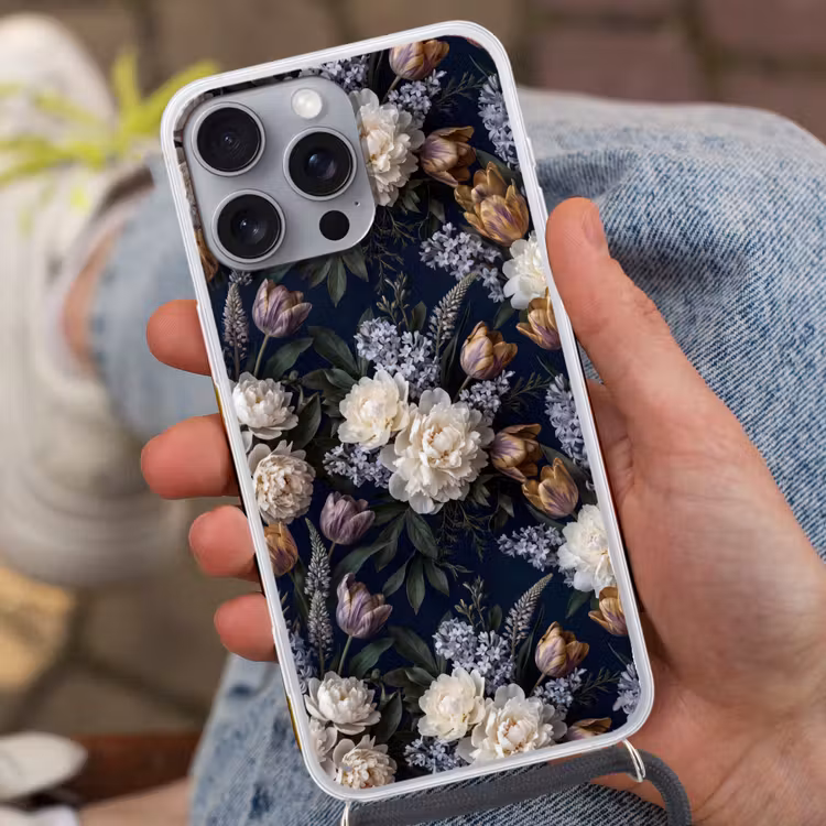 Bloemen - Donker - Elegant - Natuur - Wit Hoesje iPhone 16 Pro Max met koord klein -sfeer3