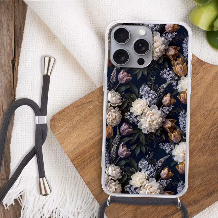 Bloemen - Donker - Elegant - Natuur - Wit Hoesje iPhone 16 Pro Max met koord klein -sfeer4