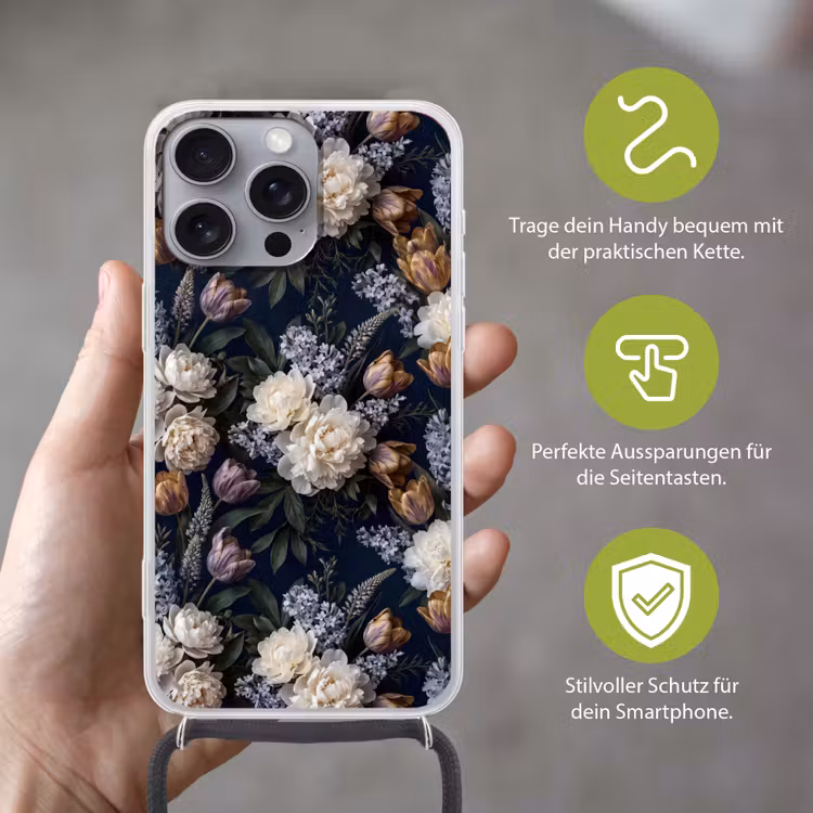 Bloemen - Donker - Elegant - Natuur - Wit Hoesje iPhone 16 Pro Max met koord klein -sfeer2_DE