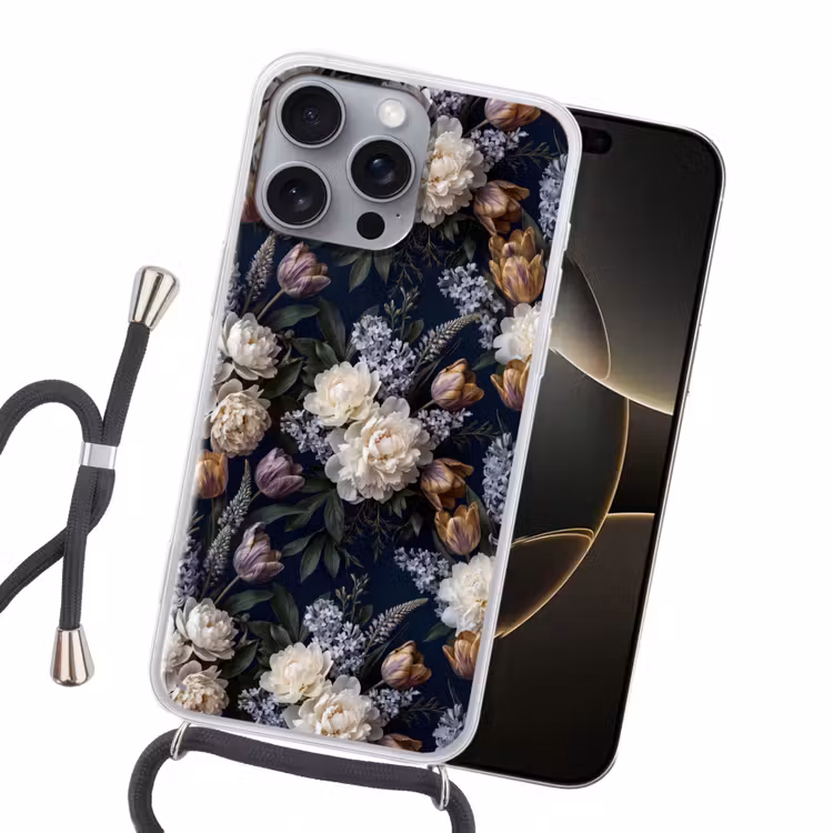 Bloemen - Donker - Elegant - Natuur - Wit Hoesje iPhone 16 Pro Max met koord klein -sfeer1