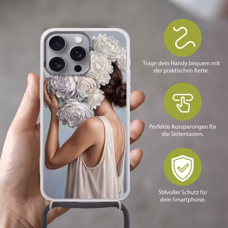 Bloemen - Vrouw - Wit Hoesje iPhone 16 Pro Max met koord klein -sfeer2_DE